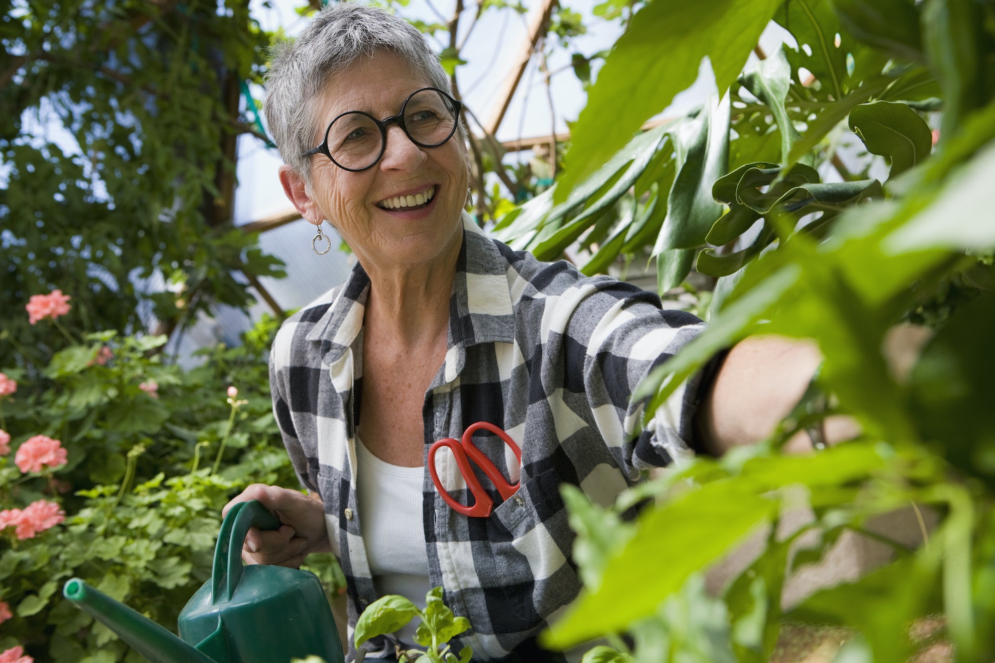 senior woman gardening in geodesic gome
